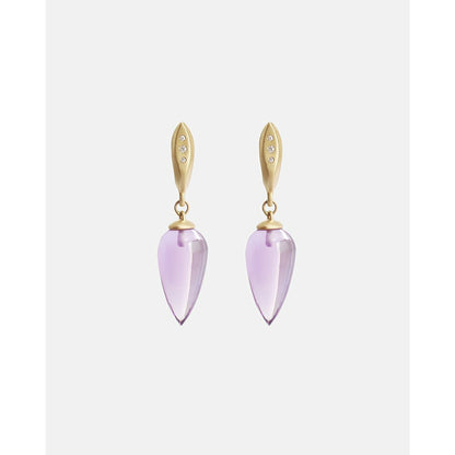 The Amethyst Drops with Diamonds are a Classic earring with a modern touch.  A single polished Amethyst teardrop hangs from a hand formed earring with 3 gorgeous Ethically sourced Diamonds.  Details  19mm Tear shaped Amethysts 6 White Diamonds 0.03ct 14k Yellow Gold Each earring measures 9.3mm width by 37mm length butterfly back