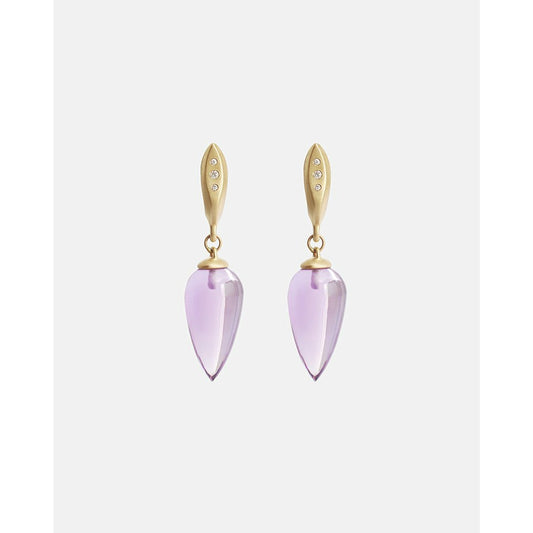 The Amethyst Drops with Diamonds are a Classic earring with a modern touch.  A single polished Amethyst teardrop hangs from a hand formed earring with 3 gorgeous Ethically sourced Diamonds.  Details  19mm Tear shaped Amethysts 6 White Diamonds 0.03ct 14k Yellow Gold Each earring measures 9.3mm width by 37mm length butterfly back